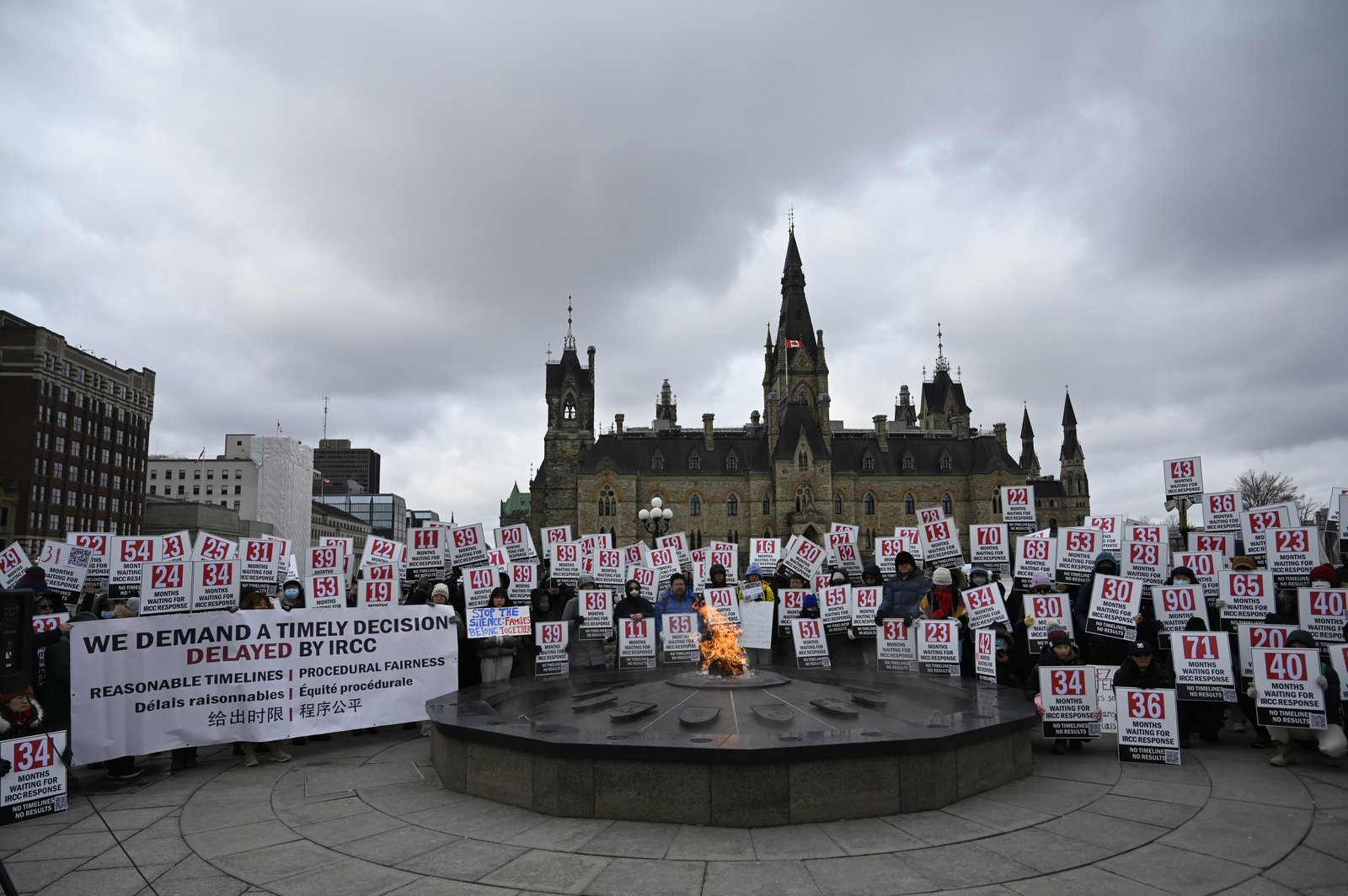 Community protest at Parliament Hill with wait-time signs